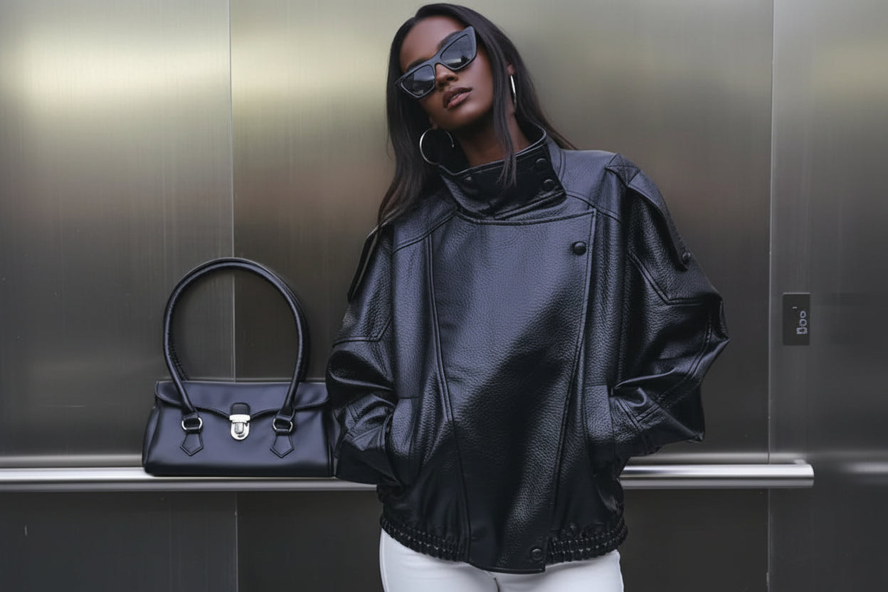 Black Oversized Faux Leather Bomber Jacket