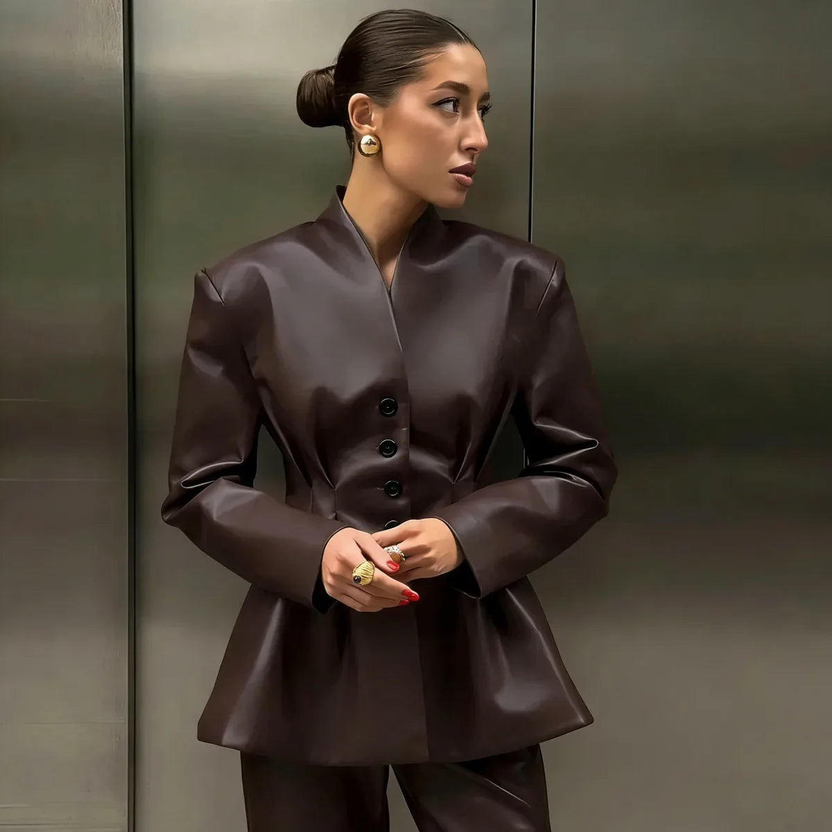 Chic Dark Brown Leather Stand Collar Belted  Blazer