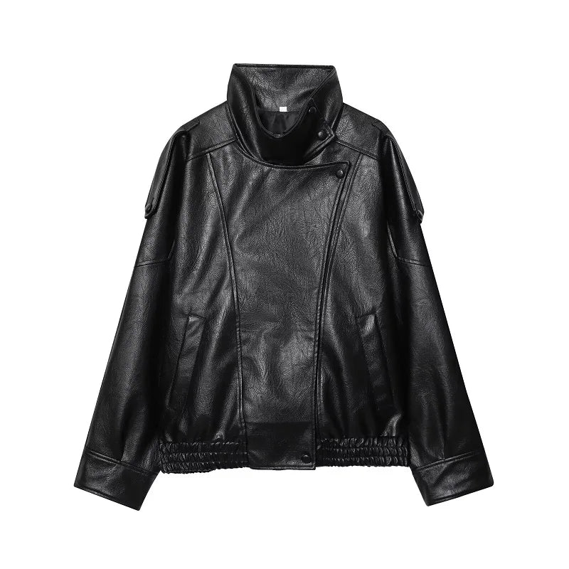 Black Oversized Faux Leather Bomber Jacket