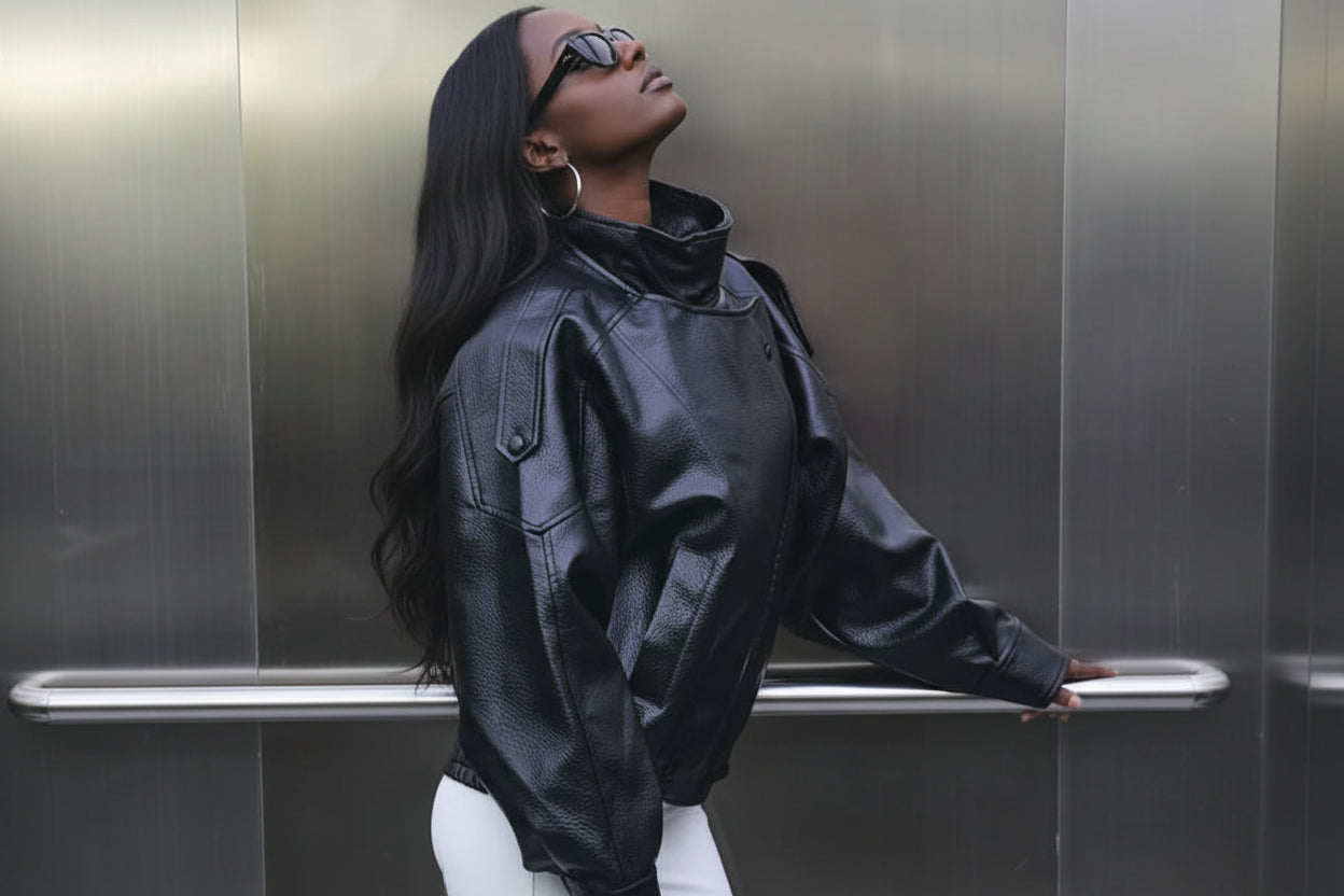 Black Oversized Faux Leather Bomber Jacket
