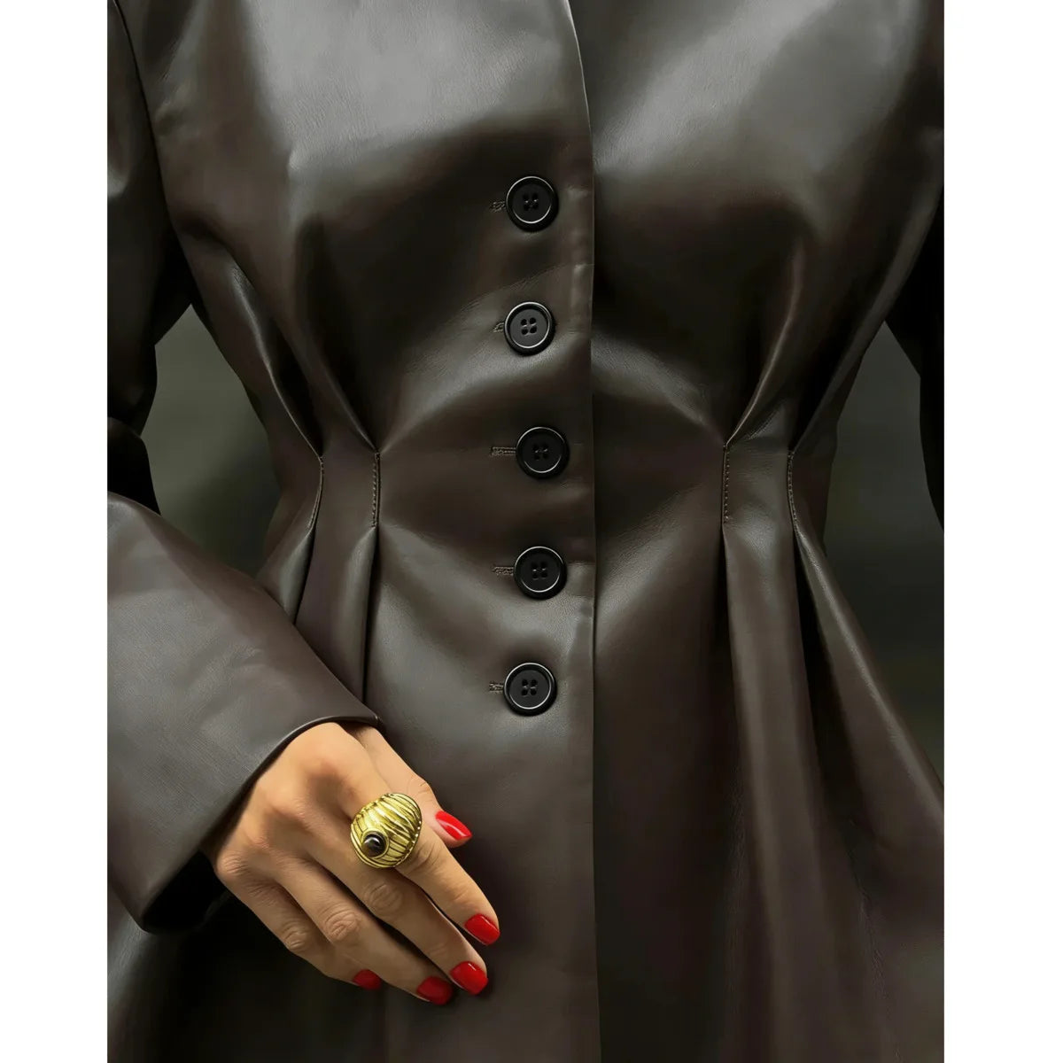 Chic Dark Brown Leather Stand Collar Belted  Blazer