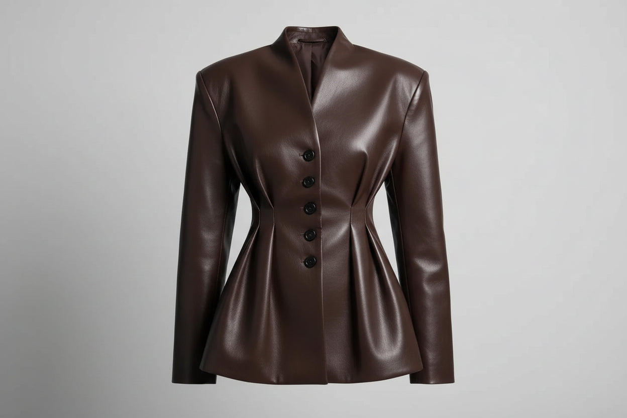 Chic Dark Brown Leather Stand Collar Belted  Blazer