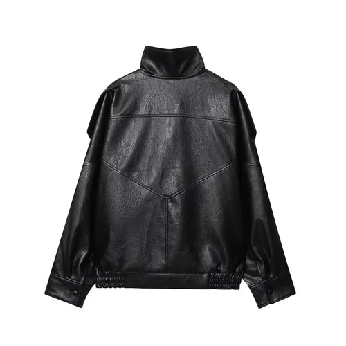 Black Oversized Faux Leather Bomber Jacket