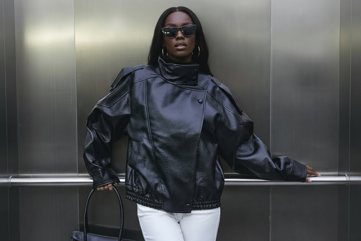 Black Oversized Faux Leather Bomber Jacket